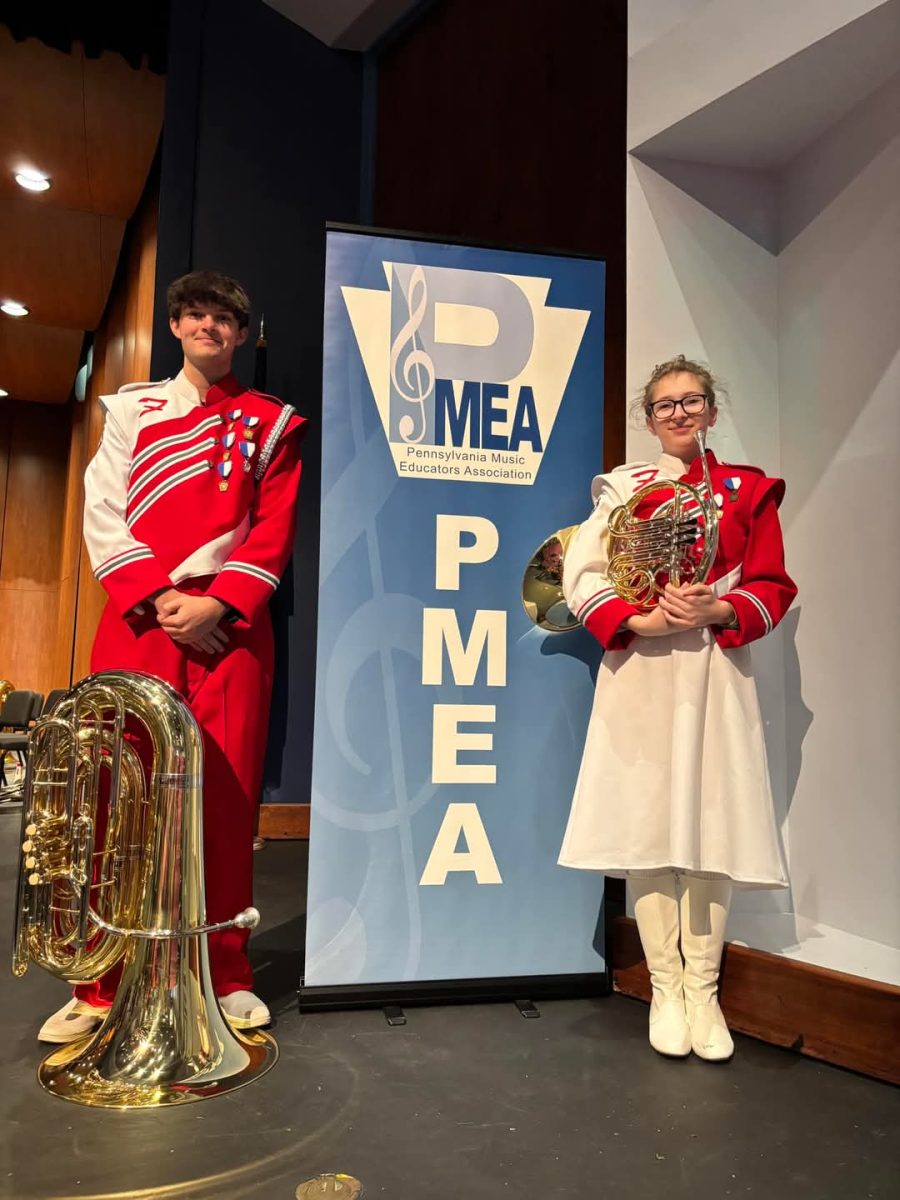 Musically inclined: Smiling, Jesse Reinhardt (12) and Audrey Mooney (10) pose for the camera in front of the PMEA banner. Both these students attended the Honors Band festival prior to this year.