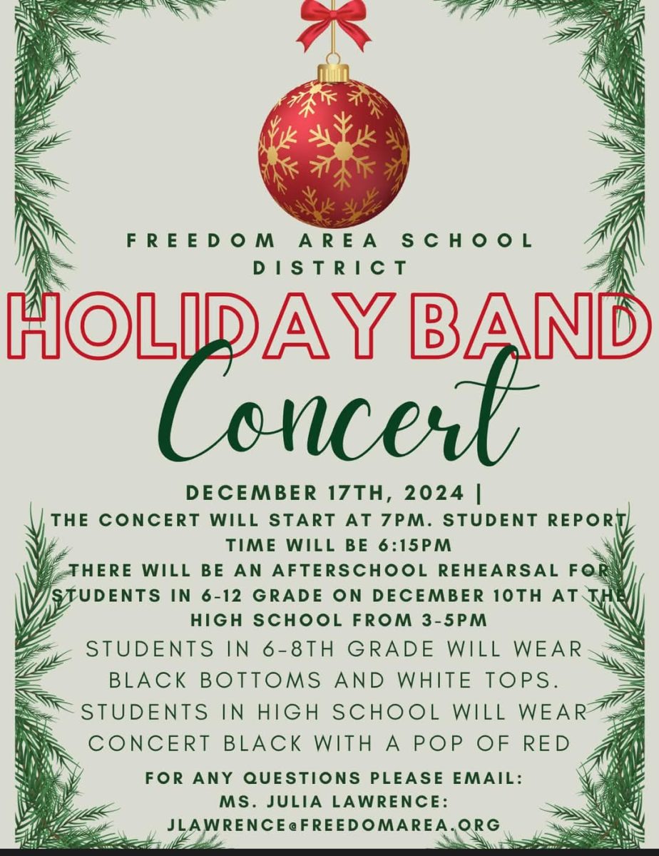 Concert flyer: Every year, an advertisement for the annual Winter Concert is submitted to share details of the event to the community. This year, the design featured the new band director, Ms. Julia Lawrence.