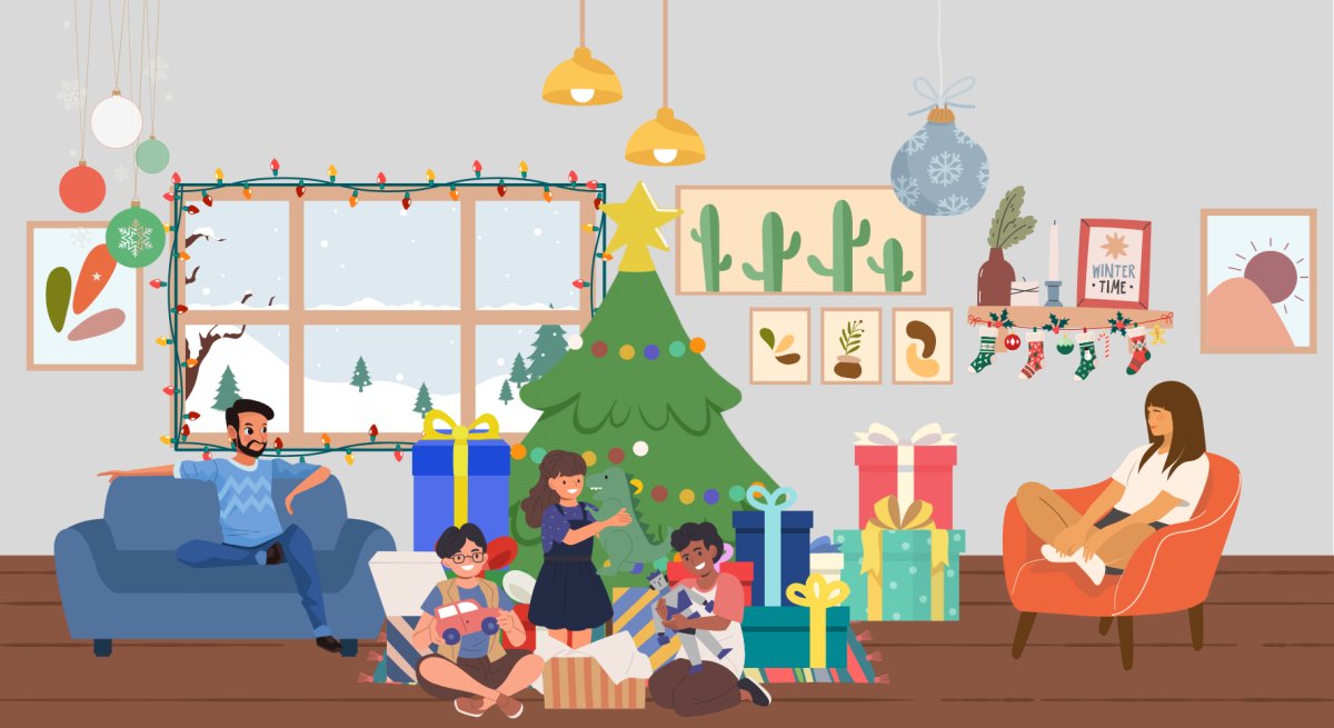 Around the Christmas tree: On Christmas day, many children open presents from Santa Claus as parents watch. This is a tradition celebrated by many.